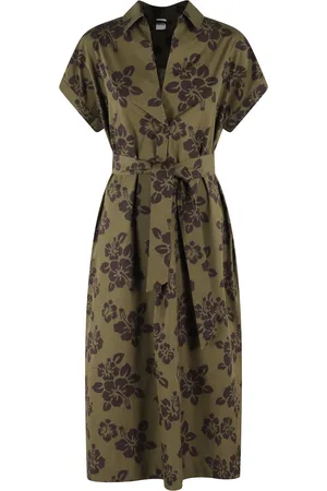 Aspesi Kleedjes, Dames, Groen, S, Katoen, Bloemenprint Midi Jurk Militair Groen