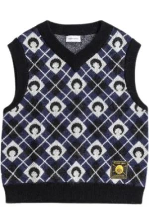 Marine Serre Truien, Heren, Blauw, L, Wol, Mouwloze Gebreide Top met Maanprint