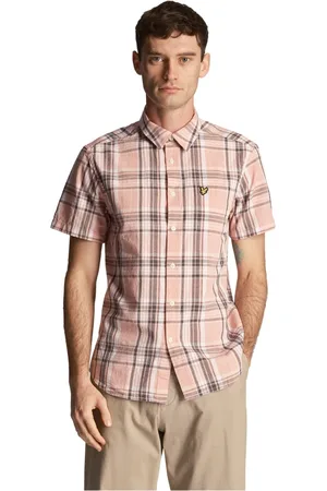 Lyle & Scott Overhemden, Heren, Roze, L, Linnen, Check Linen Short Sleeve Shirt