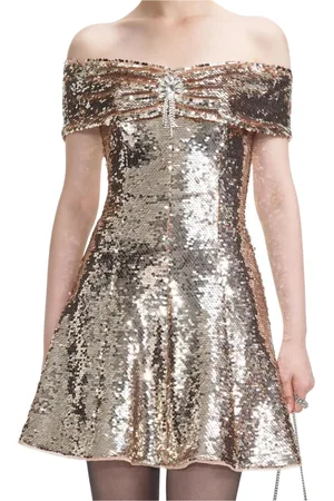 Self-Portrait Kleedjes, Dames, Geel, S, Chiffon, Gouden Metallic V-Hals Maxi Jurk