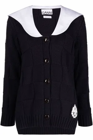 Ganni Truien, Dames, Blauw, S, Katoen, Cardigan met contrastkraag