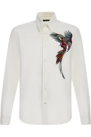 Roberto Cavalli Overhemden, Heren, Wit, L, Katoen, Papegaai Print Shirt Wit Man