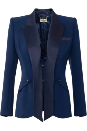 Elisabetta Franchi Jassen, Dames, Blauw, L, Satijn, Blauwe smokingjas met glanzende revers