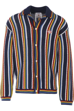Casablanca Truien, Heren, Veelkleurig, M, Wol, Blauw Gestreept Gehaakt Vest met Sierknopen