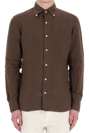 BARBA Overhemden, Heren, Bruin, 3Xl, Linnen, Bruine Linnen Overhemd met Moeder van Parel Knopen