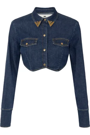 Elisabetta Franchi Blouses & Shirts, Dames, Blauw, M, Denim, Denim Cropped Shirt met Juweeldetails