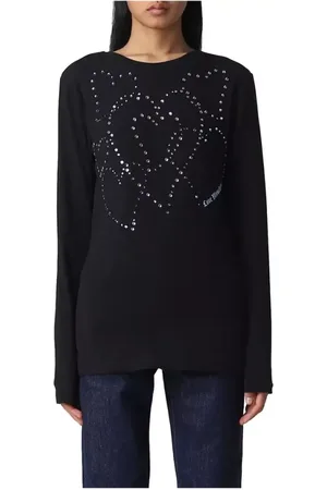 Moschino Tops, Dames, Zwart, M, Katoen, Rhinestone Heart T-shirt met Ronde Hals