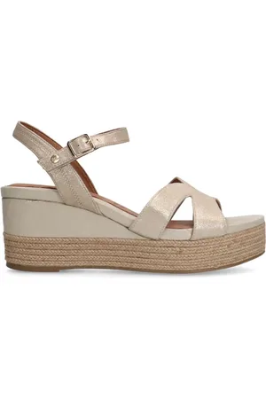 Manfield Schoenen, Dames, Geel, 36 EU, Jute, Gouden Leren Sleehak Sandalen met Jute Zool