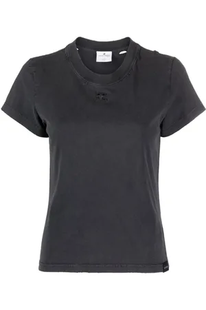 Courrèges Tops, Dames, Grijs, S, Katoen, T-shirt van katoen met logo-borduursel