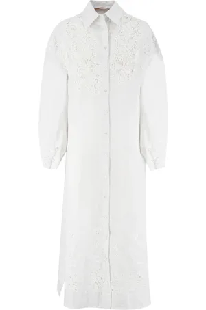 ERMANNO SCERVINO Kleedjes, Dames, Wit, S, Linnen, Linnen Jurk met Lange Mouwen en Kantdetails