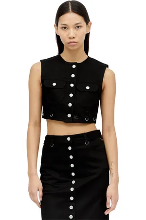 Courrèges Jassen, Dames, Zwart, S, Denim, Denim Crop Vest met Logo Borduursel