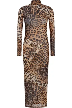 Roberto Cavalli Kleedjes, Dames, Bruin, XL, Tule, Tule Jurk met Jaguar Print