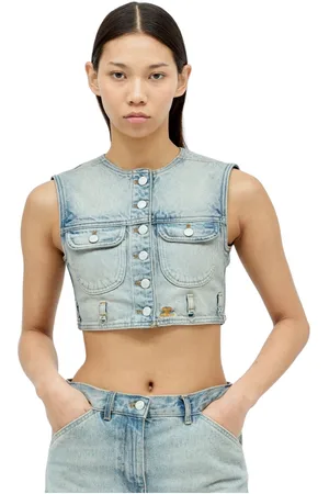 Courrèges Jassen, Dames, Blauw, M, Denim, Denim Crop Vest met Logo Borduursel