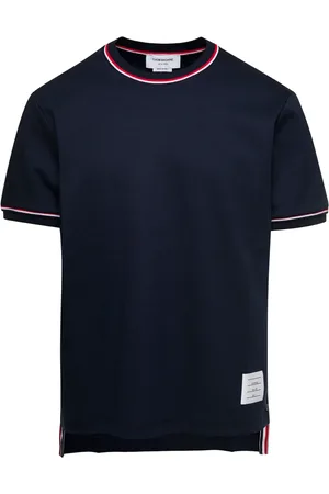 Thom Browne Tops, Heren, Blauw, L, Katoen, T-shirt met korte mouwen en RWB-streepdetail