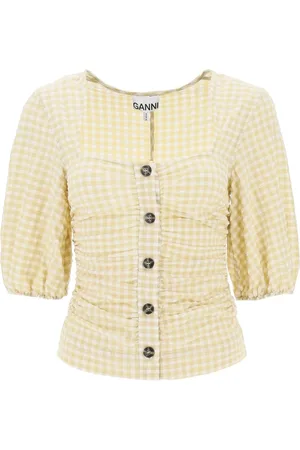 Ganni Blouses & Shirts, Dames, , M, Leer, Gingham Blouse met Ballonmouwen