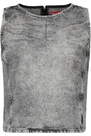 Diesel Tops, Dames, Grijs, S, Denim, Denim Mouwloze Top met Strass