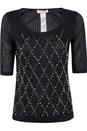 Twin-Set Blouses & Shirts, Dames, Zwart, L, Polyester, Zwart Diamantpatroon Shirt Ketting
