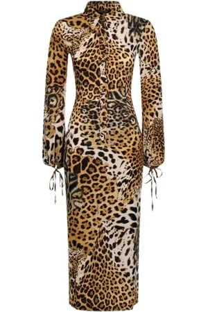 Roberto Cavalli Kleedjes, Dames, Veelkleurig, S, Luipaardprint Midi Jurk