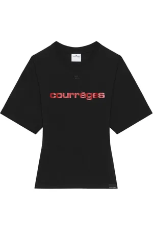 Courrèges Tops, Dames, Zwart, M, Leer, Logo Patch T-shirt met ronde hals