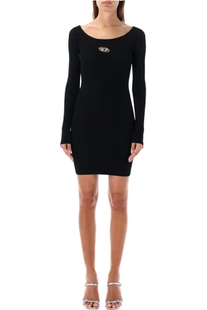Diesel Kleedjes, Dames, Zwart, M, Polyester, Zwarte Geribbelde Mini Jurk met Ovaal Uitsnede