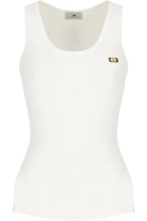 Elisabetta Franchi Tops, Dames, , S, Ivoor Mouwloze Top met Wijde Hals