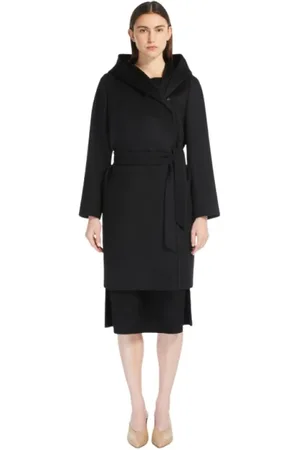 Max Mara Mantels, Dames, Zwart, L, Wol, Wollen jas met capuchon
