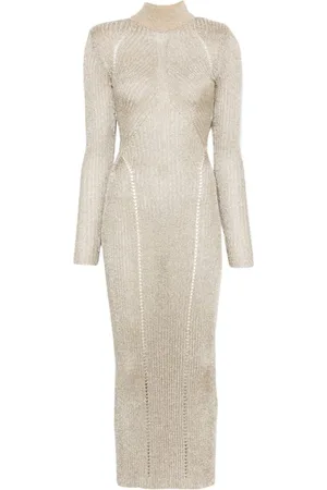 Self-Portrait Kleedjes, Dames, Geel, S, Gouden Lurex Gebreide Maxi Jurk