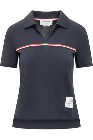 Thom Browne Tops, Dames, Blauw, XS, Polo Shirt met Korte Mouwen en Geborduurd Logo