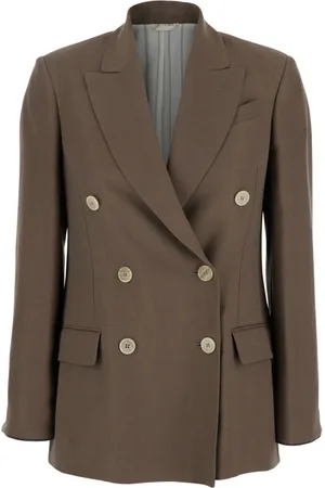 Brunello Cucinelli Jassen, Dames, Bruin, S, Linnen, Bruin Linnen Blend Double-Breasted Jas