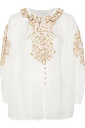 ZIMMERMANN Blouses & Shirts, Dames, Wit, S, Bloemenprint witte blouse met ruches