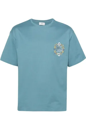 Etro Tops, Heren, Blauw, L, Katoen, T-shirt met Logo Borduurwerk en Ronde Hals