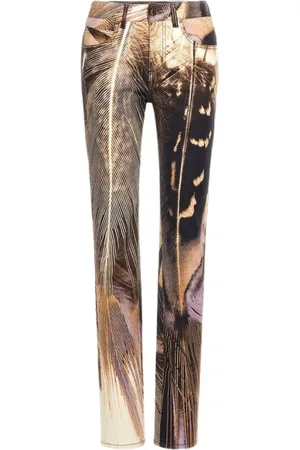 Roberto Cavalli Jeans, Dames, Veelkleurig, 2Xs, Denim, Bruine Savage Print Denim Jeans