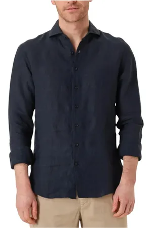 Profuomo Overhemden, Heren, Blauw, XL, Linnen, Heren Linnen X-cutaway Shirt