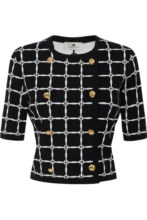Elisabetta Franchi Truien, Dames, Zwart, L, Polyester, Jacquard Logo Cardigan met Gouden Knopen
