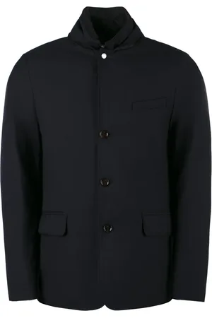 MOORER Jassen, Heren, Blauw, L, Leer, Klassieke Drieknoopsjas met Afneembare Voering