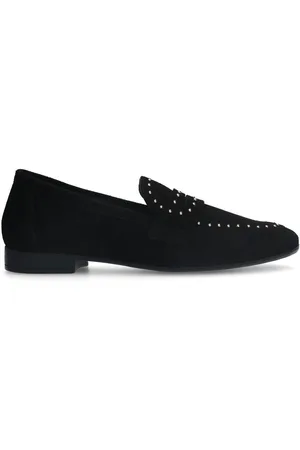 Manfield Schoenen, Dames, Zwart, 42 EU, Suède, Zwarte Suède Loafers met Gouden Studs
