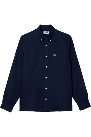 Lacoste Overhemden, Heren, Blauw, XL, Linnen, Blauw Linnen Overhemd met Korte Mouwen