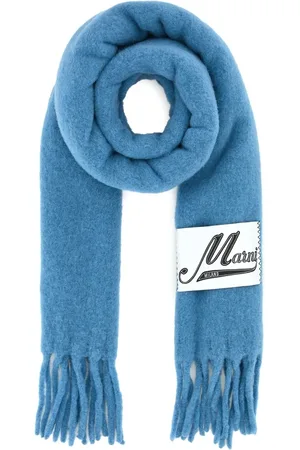Marni Accessoires, Dames, Blauw, ONE Size, Wol, Sjaal met logo-patch en gerafelde rand