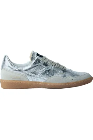 Hidnander Schoenen, Dames, Grijs, 36 EU, Leer, Metallic Lage Sneakers met Logo Motif