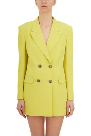 Elisabetta Franchi Mantels, Dames, Geel, S, Satijn, Double-Breasted Blazer met Puntrevers
