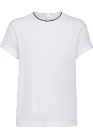 Brunello Cucinelli Tops, Dames, Wit, L, Katoen, T-shirt met contrasterende rand en ronde hals