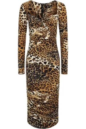 Roberto Cavalli Kleedjes, Dames, Bruin, XL, Jaguar Print Jurk Lichtbruin Vrouw