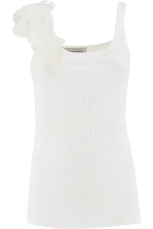 ERMANNO SCERVINO Tops, Dames, Wit, L, Polyester, Top met bloemenkant applicatie en slanke pasvorm