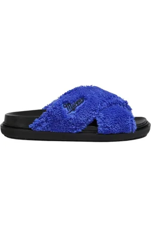 Marni Schoenen, Dames, Blauw, 39 EU, Slippers met kruisdesign en voering van imitatiebont