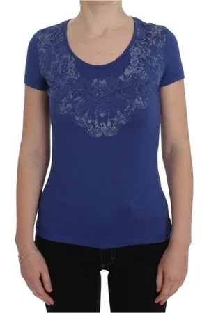 ERMANNO SCERVINO Tops, Dames, Blauw, S, Blauw T-shirt met ronde hals en logo-detail
