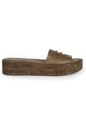 Cortana Schoenen, Dames, Groen, 37 EU, Leer, Platte leren sandaal met kurk plateau