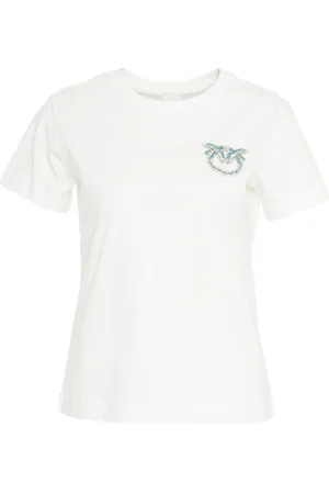 Pinko Tops, Dames, Wit, L, Katoen, Wit T-shirt met strass en parelapplicaties