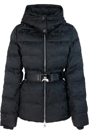 Elisabetta Franchi Jassen, Dames, Zwart, L, Polyester, Korte Zwarte Jacquard Lettering Puffer Coat