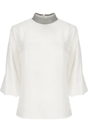 Brunello Cucinelli Tops, Dames, Wit, L, Crêpe de Chine Blouse