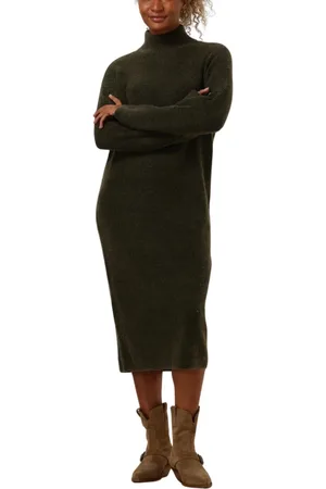 SELECTED Kleedjes, Dames, Groen, M, Groene Gebreide Midi Jurk met Hoge Hals